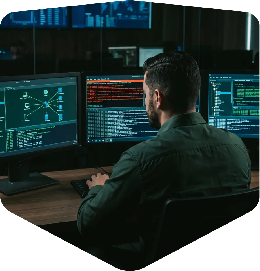 Profissional de cibersegurança executando testes de intrusão (Pentest) em múltiplos monitores na Intelligence TI